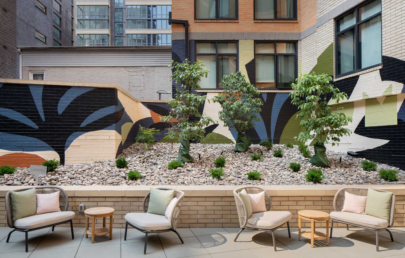 Serene outdoor courtyard featuring water-efficient landscaping